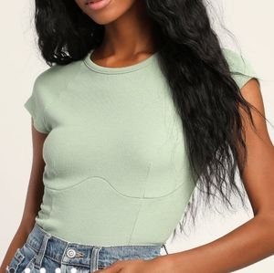 Lulus Cut to Cute Sage Green Ribbed Short Sleeve Cutout Crop Top